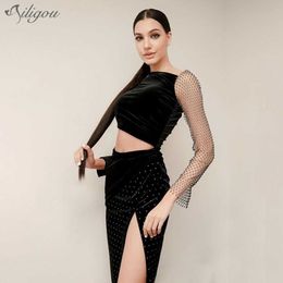 Alta calidad de las mujeres de terciopelo negro Fishnet manga larga brillante hueco Sexy Midi elegante celebridad vestido de fiesta Vestidos 210527