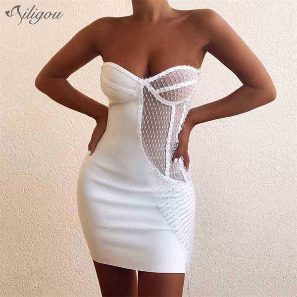 Alta calidad de las mujeres de red blanca sin tirantes brillante hueco sexy mini vendaje elegante celebridad vestido de banquete vestidos 210525