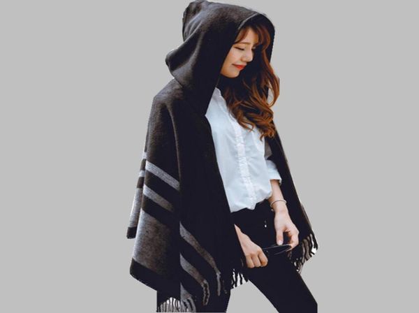 Haute qualité femmes hiver écharpe mode rayé noir beige ponchos et capes à capuche épais chaud châles et écharpes femme outwear L8439204