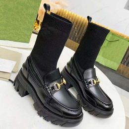 Botas de mujer de alta calidad de cuero genuino de fondo grueso de punto Stretch Knight bota plataforma de moda zapatos tamaño 35-41 con caja