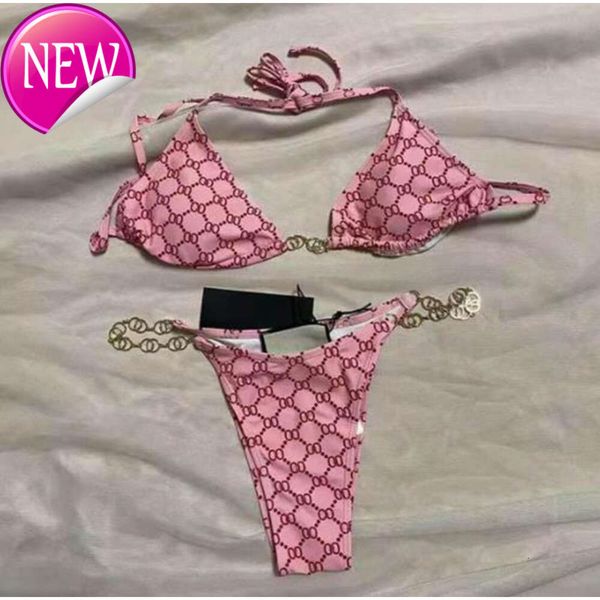 Diseñador de mujer de alta calidad trajera de baño sexy bikinis 2024 Nuevos clásicos de moda letras impresas bikini set de dos piezas cadena halter empuje up traje de baño xl azul