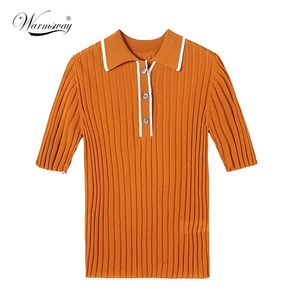 T-shirt d'été de haute qualité pour femmes, bouton Slim, col en V rétro, tricoté à manches courtes, tricot A-002 210522
