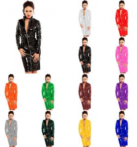 Haute qualité Femmes Zipper Col Haut Robe En Cuir PVC Wet Look Manches Longues Robes Moulantes Pole Dance Costume Rave Outfit Clubwear Taille personnalisée S-7XL