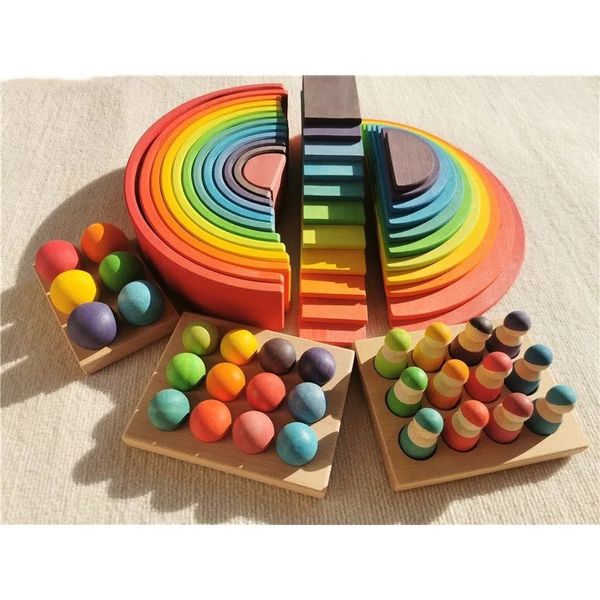 Jouets en bois de haute qualité en bois de chaux arc-en-ciel blocs d'empilage construction semi-couleur tri Peg poupées balles Slat pour enfants jouer 240124