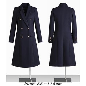 Lange trenchcoat van hoge kwaliteit wolmix voor dames, grote maat, dubbele rij knopen, elegante winterkleding - zwart grijs blauw 240106