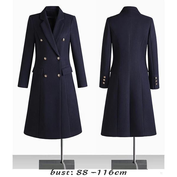 Trench long en laine mélangée de haute qualité pour femmes, grande taille, double boutonnage, vêtements élégants d'hiver, noir, gris, bleu, 240106