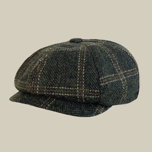 Hoge kwaliteit wol sboy caps herfst winter mode mannen vrouwen Britse schilders hoeden groene plaid baretten wollen hoeden 240520