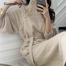 Pull en laine de haute qualité Robe De Mujer à manches longues Maxi robes pour femmes simple boutonnage col roulé vêtements de mode coréenne G1214