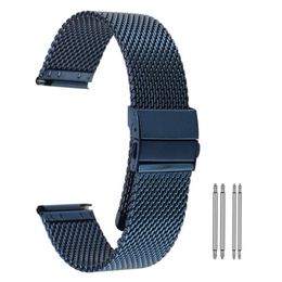 Hoge kwaliteit geel goud blauw 18 20 22 mm mesh roestvrijstalen band horlogeband vervanging armband rechte uiteinden haak Buckle316d