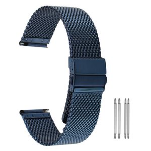 Bleu en or jaune de haute qualité 18 20 22 mm Mesh en acier inoxydable Band de montre Bracelet Bracelet Boucle de crochet à extrémités droites 243