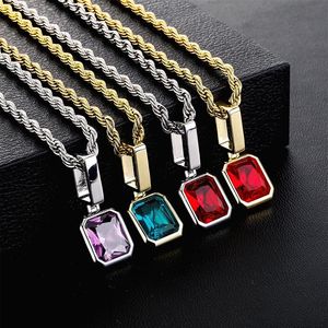 Hoge kwaliteit geel verguld blauw rood paars bling robijn hanger ketting met 24 inch touw ketting voor mannen vrouwen hiphop sieraden230H