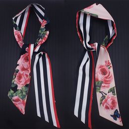 Hoge qualtiy 110 cm * 7cm zijden sjaal nieuwe roos bloem streep dubbelzijdige zijden sjaals voor vrouw vrouwelijke gebonden tas lint haarband