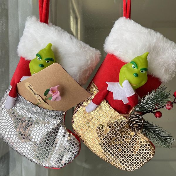 Regalo de Navidad de alta gama Medias de Navidad Bolsa de regalo Calcetines de monstruo ladrón verde de dibujos animados con lentejuelas doradas y plateadas Adornos colgantes para árboles de Navidad Decoración