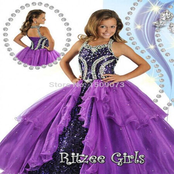 Robes de concours de fille de princesse violette de haute qualité, col licou, Corset au dos, perles, robe de bal à paillettes, robes de fille Glitz HY1141249O