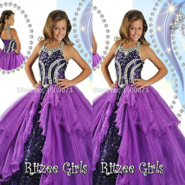 Robes de reconstitution historique de princesse pourpre de haute qualité pour fille 2022 Halter Neck Corset Back Beads Sequin Ball Gown Glitz Girl Robes HY11239U