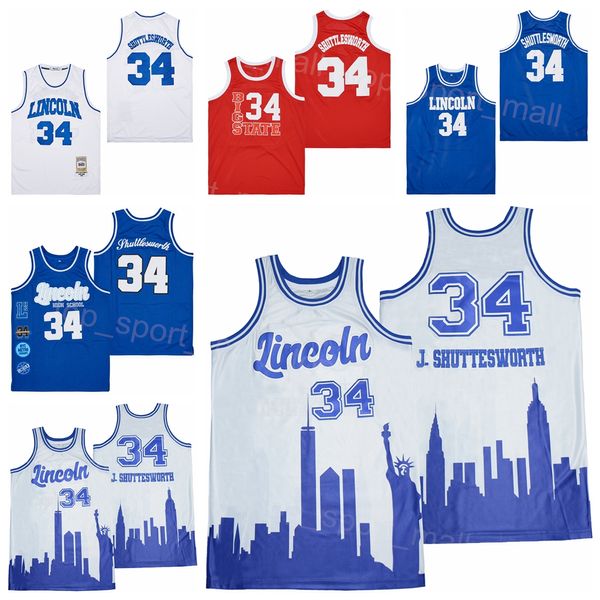 Baloncesto de la escuela secundaria Lincoln 34 Jesus Shuttlesworth Jersey Uconn Connecticut Huskies Big State Moive Jersey Universidad Azul Rojo Blanco Universidad HipHop Camisa