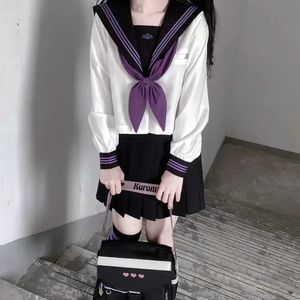 High School Girl Uniform Japanse Seifuku Matrozenpakje Paarse Stropdas Koreaanse Student Kawaii JK Cosplay Zwarte Leated Rok 240325