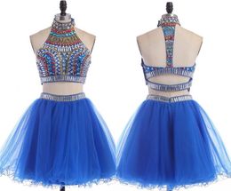 Vestidos de graduación de la escuela secundaria para el año Curto Royal Blue de dos piezas Dressos Homecoming Homecoming Piece Short Piece Gown Real Image Hy0097