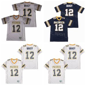 Football de lycée Tom Brady Jersey 12 Junipero Serra Padres Navy Blue White Grey Team Away Aways Cousée et broderie Breathable College Moive HipHop Pullover