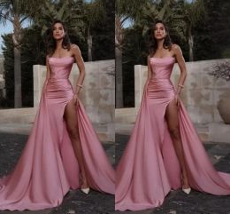 Hoge sexy roze split-avondjurken met afneembare rok strapless zeemeermin prom-feestjurken Arabisch vestidos op maat gemaakt BC15337