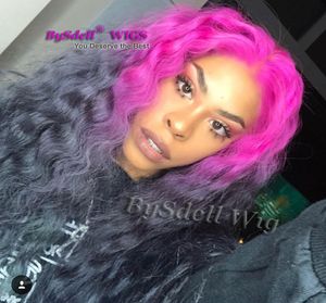 Haute Similation cheveux humains avant dentelle perruque violet rose ombre hors noir couleur dentelle avant perruque longue crépus bouclés cheveux raides complet Wi5717567