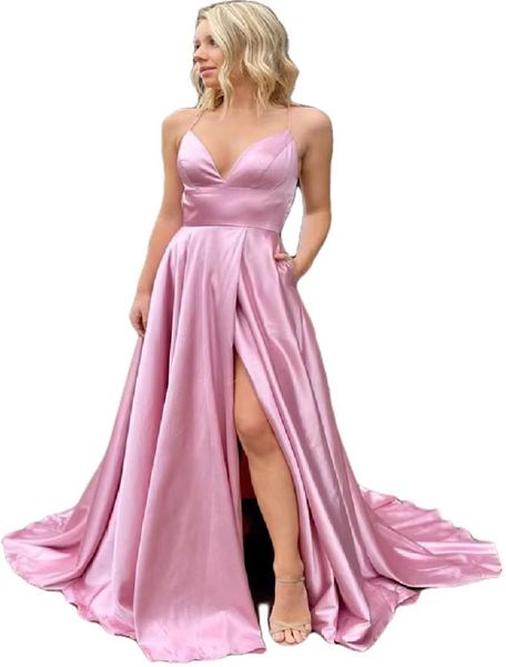 Haute fente rose robe de bal 2023 une ligne bretelles spaghetti dos nu occasion formelle tenue de soirée simple satin robes de soirée de fiançailles robe de soirée robe de noche