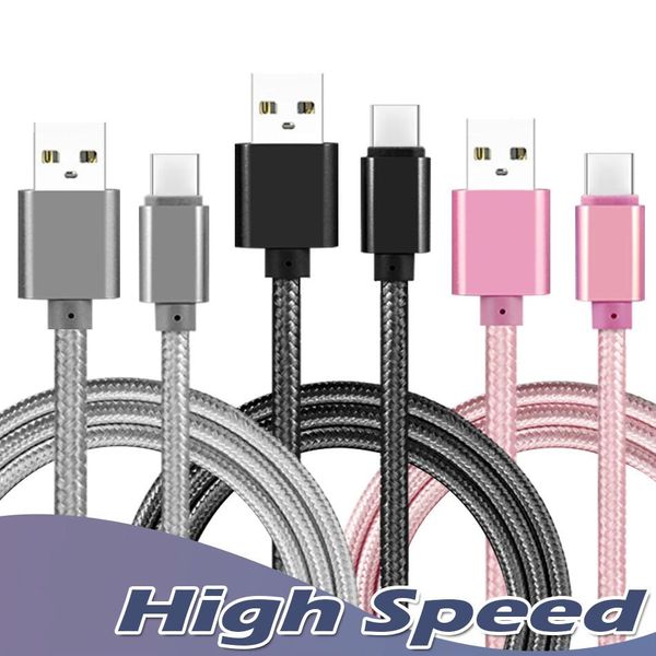 Cables USB de alta velocidad Carcasa de metal Micro cable trenzado 2A Carga duradera Cable USB-C tipo C con vida útil de 10000 curvas para teléfonos inteligentes Android