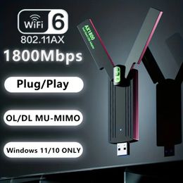 Adaptateur WiFi 6 USB haut débit pour PC - Double bande 5 GHz/2,4 GHz avec deux antennes 5 dBi - Adaptateur réseau sans fil MU-MIMO pour ordinateur de bureau/portable - Compatible Windows 11/10