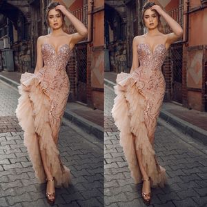 Hoge Split Roze Mermaid Avondjurken Strapless Elegant Kant Sequin Party Toga voor Dames Ruffles Tulle Prom Robe