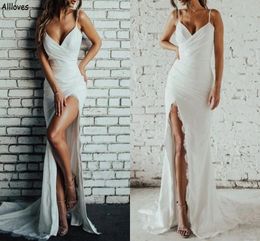 Robes de mariée sexy fourreau haute fente femmes bretelles spaghetti dentelle bohème pays plage robes de mariée sans manches longue robe de soirée de réception pour la mariée CL1998