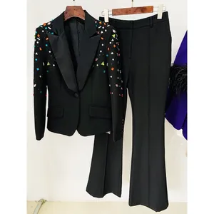 HIGH ST-ET Nieuwste 2024 Designer Runway Fashion Pak Set vrouwen Slim Fitting Strass Diamanten Kralen Blazer Broek Set