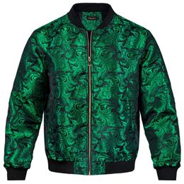 Veste à glissière verte haute stree pour homme jacquard pasiley manteau mode tissé streetwear streetwear uniforme longs pour l'hiver automne 240312