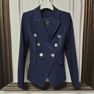 High Street 2021 Blazer de styliste élégant pour femmes, double boutonnage, boutons coquillages, coutures contrastées, veste X0721