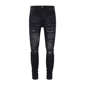 High Street 23ss Am Mx1 Washed Black Basic Distressed Stretch Denim Jeans voor heren van hoge kwaliteit