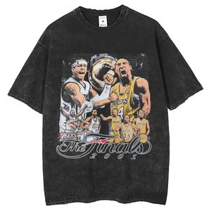 Camiseta de manga corta con estampado de Kobe Iverson de High Street Basketball Wash Fashion para hombre con lavado pesado para hombre viejo