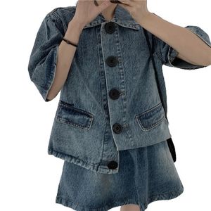 High Street Casual Vrouwen Blauw Twee Stukken Set Denim Sweet Puff Sleeve Top Shirt Leuke Mini Rok T3034 210514