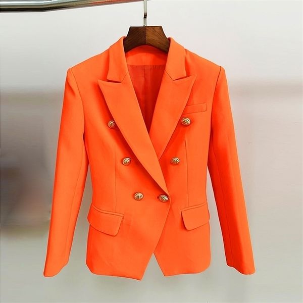 High Street Classic Barroco Diseñador Blazer Mujer Metal León Botones Doble Botonadura Naranja 220705