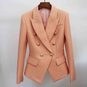 HIGH STREET Classique Designer Blazer Femmes Slim Fit Métal Lion Bouton Double Boutonnage Texturé Veste Nude 210521