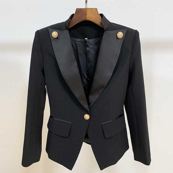 High Street Designer Blazer con estilo Blazer de mujer con un solo botón León adornado chaqueta de cuello satinado 210930