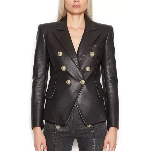 HIGH STREET est Baroque Fashion Designer Blazer Veste Femmes Lion Métal Boutons Faux Cuir Manteau Extérieur 211019