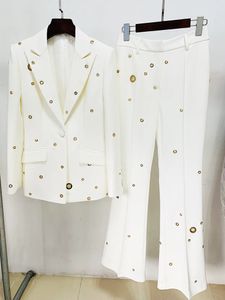 HIGH STREET est Designer Fashion Runway Suit Set Womens Slim Fit Single Button Rivet Oeillet Revers Blazer Pantalon 2pcs 240112