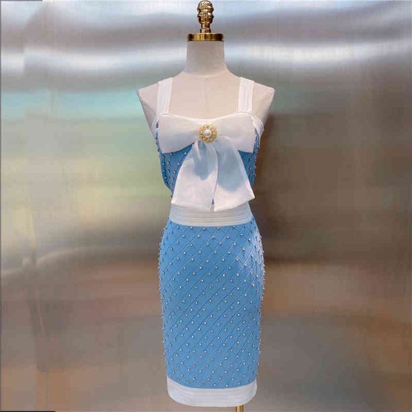 HIGH STREET est Designer Fashion Spaghetti Strap Color Block Diamonds Bow Robe tricotée 210521