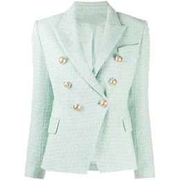 HIGH STREET est Designer Veste Femme Classique Boutons Métalliques Double Boutonnage Tweed Blazer Menthe Vert 240306