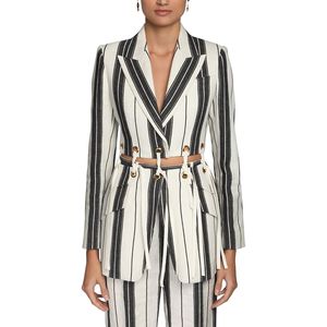 High Street Est Designer Runway Suit Set Dames Lacking Touw Afneembare Linnen Gestreepte Print Blazer Broek 210521