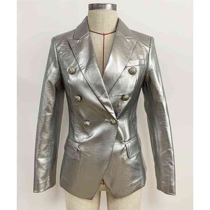 High Street EST Designer élégant piste de mode féminine Lion Boutons en cuir argenté Veste de blazer en cuir 210521