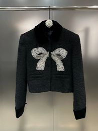 HIGH STREET est automne hiver créateur de mode femmes velours revers à manches longues diamant clouté nœud Tweed veste 240227
