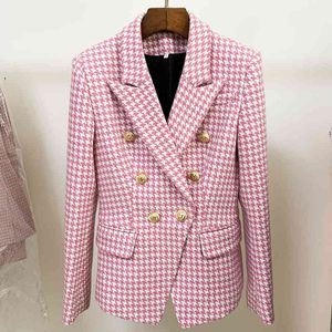 High Street Est Mode Designer Jacket Dames Double Breasted Lion Buttons Wol Tweed Houndstooth Blazer 210521