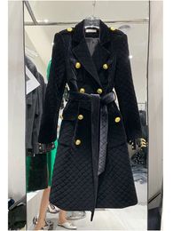 HIGH STREET est créateur de mode pardessus femmes Double boutonnage Plaid ceinturé velours Long manteau 240112
