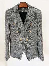 HIGH STREET est FW Abrigo de lana de diseñador para mujer ajustado con botones de león Chaqueta de tweed a rayas en espiga Blazer 240112