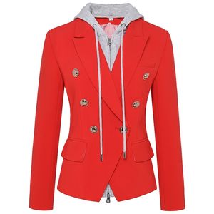 High Street est élégant designer blazer veste femme fermeture éclair amovible à capuche double boutonnage rouge décontracté 210521